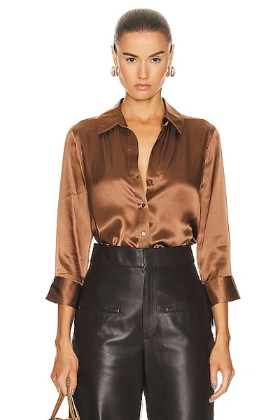 L Agence Dani Silk Satin 3/4-sleeve Button-down Blouse In Fawn