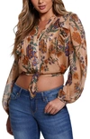 Guess Ls Dionne Tie Front Top In Beige