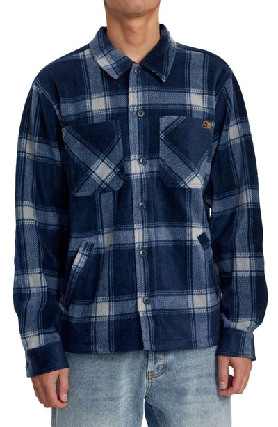 Rvca Yukon Plaid Cotton Blend Fleece Shirt Jacket In Navy Check