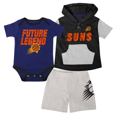 Outerstuff Babies' Infant Boys And Girls Purple, Black, Gray Phoenix Suns Bank Shot Bodysuit, Hoodie T-shirt And Shorts In Purple,black
