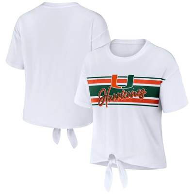 Wear By Erin Andrews White Miami Hurricanes Striped Front Knot Cropped T-shirt