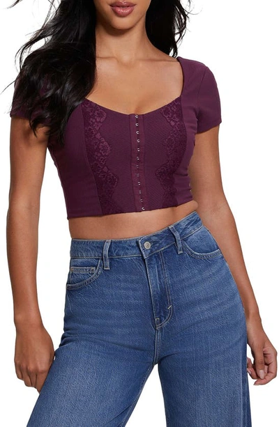 Guess Women's Jamie Ribbed Lace-trim Crop Top In Black Cherry