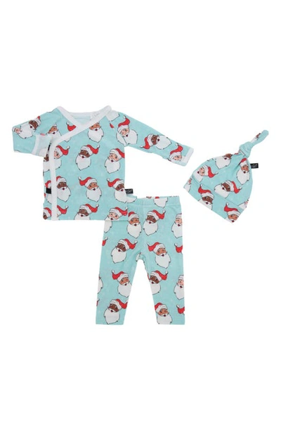 Peregrinewear Babies' Santa Print Take Me Home Top, Pants & Hat Set In Turquoise