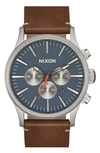 Nixon Sentry Chronograph Leather Strap Watch, 42mm In Lt Gunmetal / Basalt / Sienna