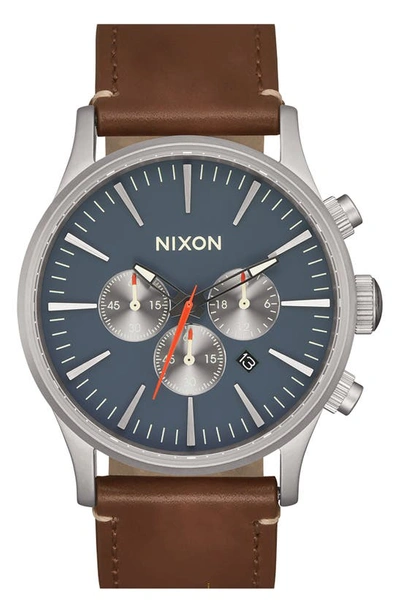Nixon Sentry Chronograph Leather Strap Watch, 42mm In Lt Gunmetal / Basalt / Sienna