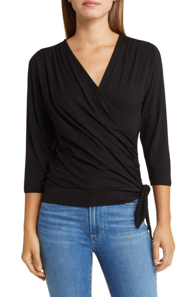 Loveappella Faux Tie Wrap Top In Black