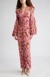 BYTIMO GOLDEN FLORAL LONG SLEEVE GEORGETTE MAXI DRESS
