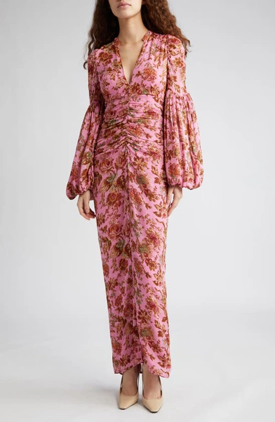 Bytimo Golden Floral Long Sleeve Georgette Maxi Dress In Pink Wallpaper