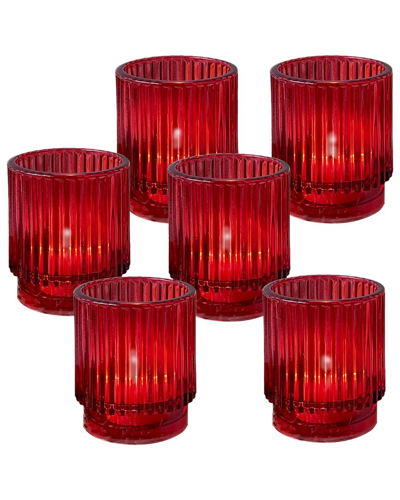 Kate Aspen Set Of 6 Ribbed Glass Votive Candle Holders In Red