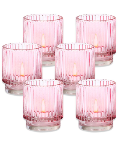 Kate Aspen Set Of 6 Ribbed Glass Votive Candle Holders In Pink