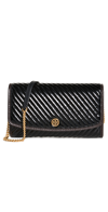 TORY BURCH ROBINSON PATENT PUFFY QUILTED CHAIN WALLET BLACK