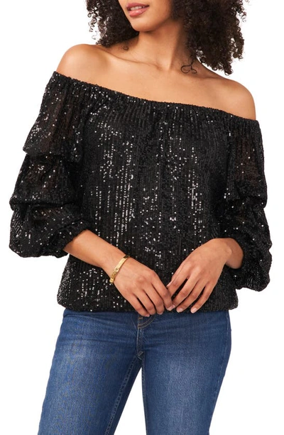 Vince Camuto Sequin Off The Shoulder Bubble Sleeve Blouse In Rich Black