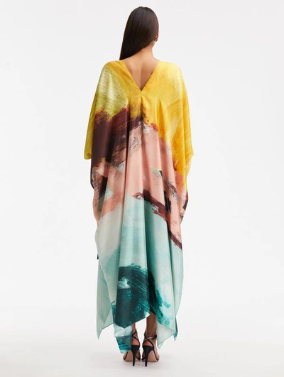 Oscar De La Renta Abstract Landscape Silk Twill Caftan In Teal Multi