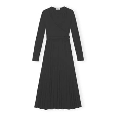 Ganni Rib Jersey Wrap Maxi Dress In Black