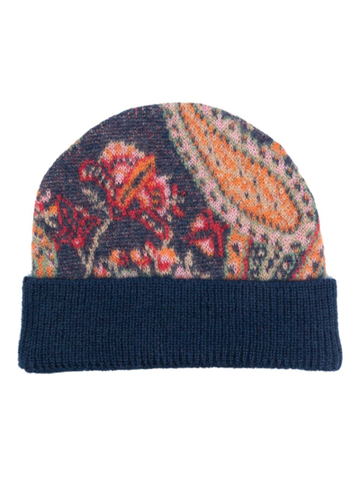 Etro Paisley Knit Ribbed Beanie In Blue