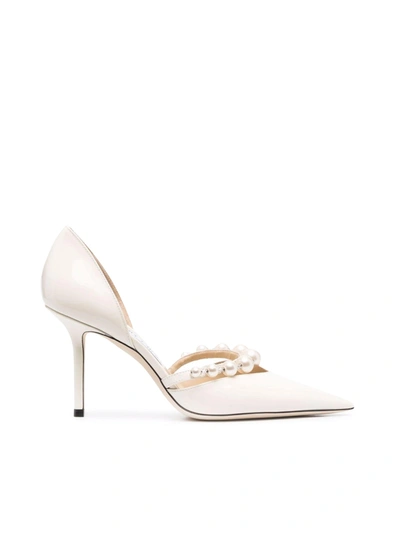 JIMMY CHOO AURELIE 85 POINTED-TOE PATENT LEATHER DÉCOLLETÉ WITH PEARL DECORATION