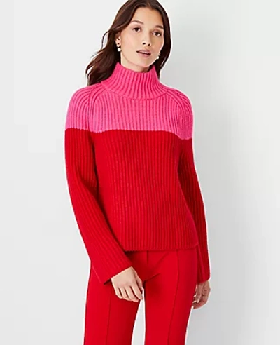 Ann Taylor Colorblock Ribbed Turtleneck Relaxed Sweater In Red Multi