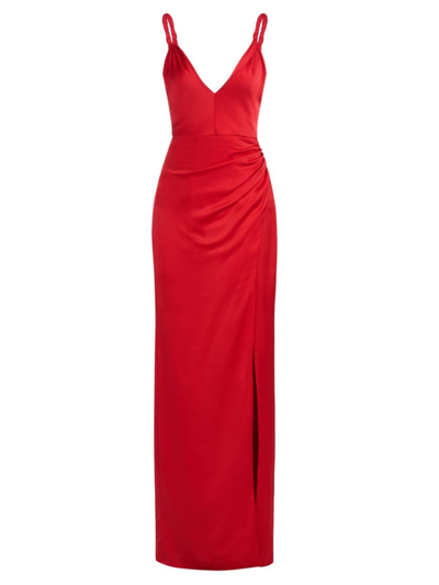 Halston Yvette Twisted-strap Satin Slit Gown In Red