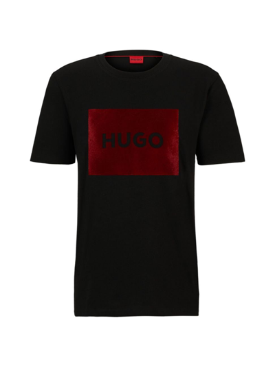 Hugo Cotton-jersey T-shirt With Metallic-effect Logo In Black