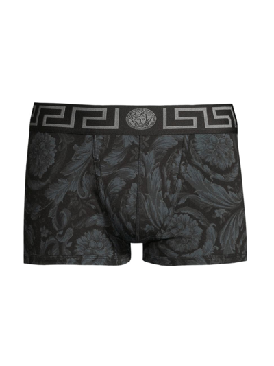 Versace Black Boxer Briefs With Barocco Print In Stretch Cotton Manb In Black Grey