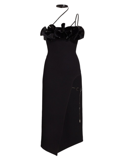 David Koma Embellished Patent-leather Trimmed Wool-crepe Midi Dress In Black