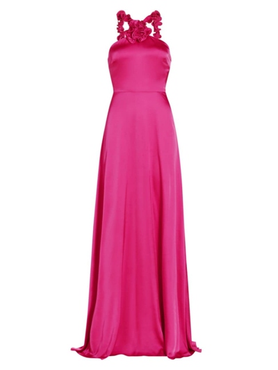 Amur Priyanka Rosette Crepe De Chine Halter Gown In Rosey