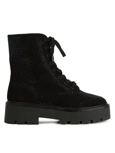 Black Suede Studio Sierra Mixed Leather Combat Boots In Black Embellished