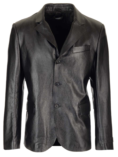 Versace Single Breasted Leather Jacket In Black
