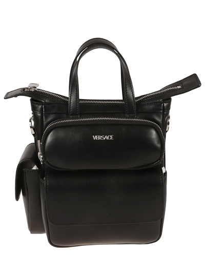 Versace Front Logo Pocket Zip Tote In Black