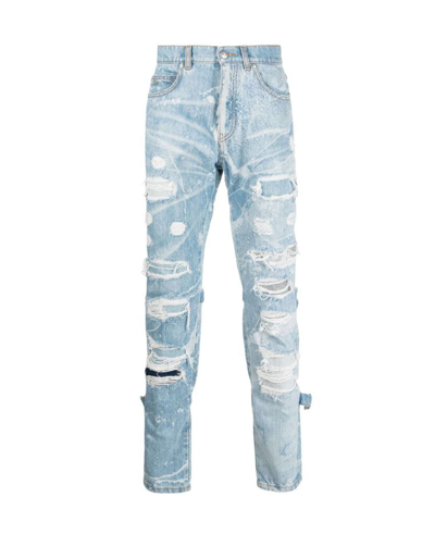 John Richmond Slim Wearability Jeans In 100% Cotton With Used Effect Lacerations In Denim