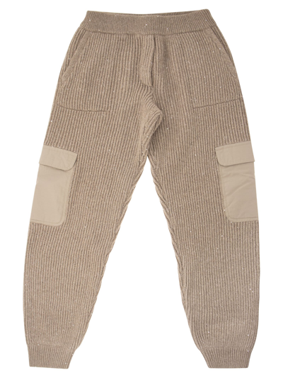 Brunello Cucinelli Kids' Panel Trousers In Taffeta And Cashmere And Wool Knit Dazzling & Sparkling In Hazelnut