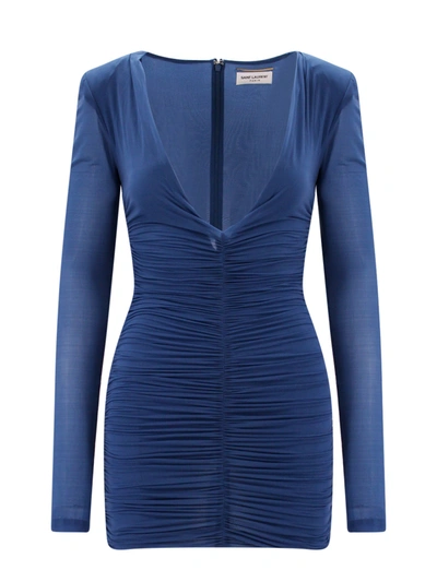 Saint Laurent Ruched V-neck Mini Dress In Blue