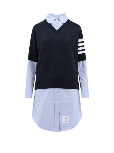 THOM BROWNE COTTON DRESS WITH SHIRT EFFECT