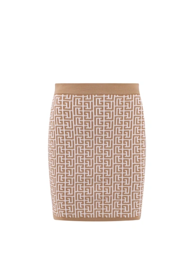 Balmain Knitted Skirt With All-over Monogram In Beige