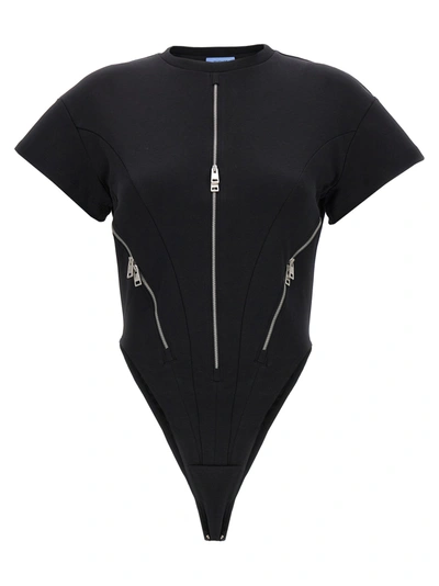 Mugler Zipped Cotton Jersey Bodysuit In Black