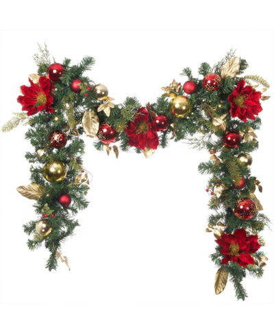 Village Lighting Company 9' Artificial Christmas Garland With Lights, Golden-tone Leaf Red Magnolia In Assorted