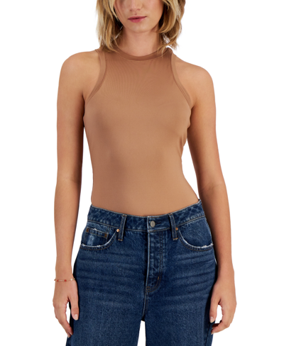 Almost Famous Juniors' Solid High-neck Racerback Bodysuit In Sand