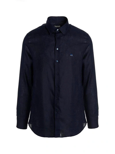 Etro Fuji Button Down Slim Shirt With Logo In Blu Scuro