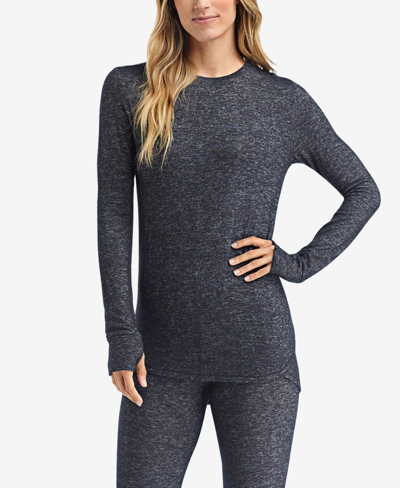Cuddl Duds Petite Soft Knit Long-sleeve Crewneck Top In Marled Dark Charcoal