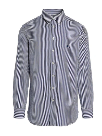Etro Logo Embroidery Striped Shirt In Blue