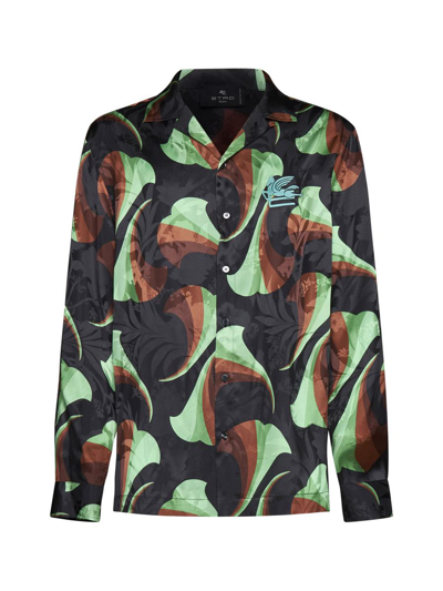 Etro Silk Bowling Shirt With Floral Print In Black
