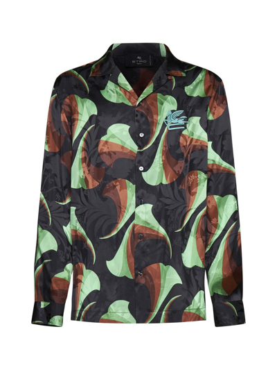 Etro Black Silk Bowling Shirt With Floral Print In Multicolor
