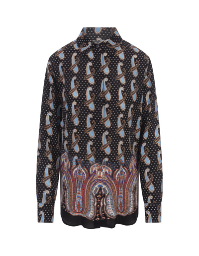 Etro Silk Shirt With Paisley And Polka Dot Patterns In Light Blue In Black