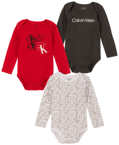 Calvin Klein Baby Boys Multi Long Sleeve Bodysuits, Pack Of 3 In Red