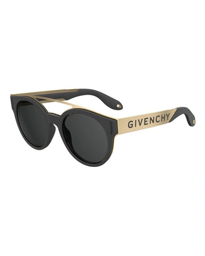 Givenchy Stainless Steel & Rubber Round Logo Sunglasses In Black/gold
