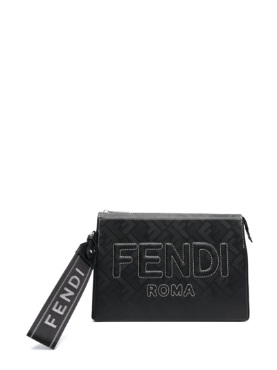 Fendi Logo Embossed Clutch In Black