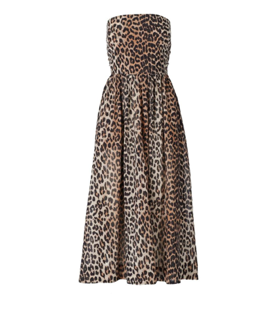 Ganni Leopard-print Cotton Midi Dress In Brown