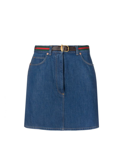 Gucci Belted Denim Mini Skirt In Blue