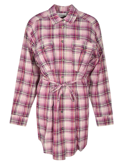 Isabel Marant Oile Checked Long-sleeved Mini Shirt Dress In Pink