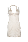 Jacquemus Tie Neck Satin Dress With Feather Embellishments In Offwhite